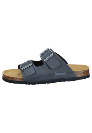 Dark gray open-toe sandal with two adjustable buckled straps and a cork footbed with a black sole.