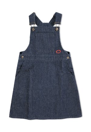 Denim overall dress in dark blue with white stripes, featuring two front pockets, adjustable straps, and a red logo detail.