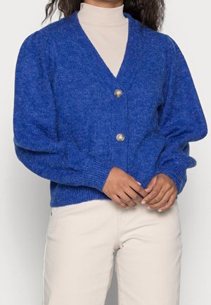 Kvinde iført en blå knaplukket cardigan over en beige rullekrave og lysebukser, hænderne blidt foldet foran.