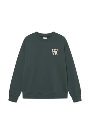 Dark green sweatshirt with a round neck, ribbed cuffs and hem, featuring a beige "W" logo on the left chest. Smooth cotton texture.