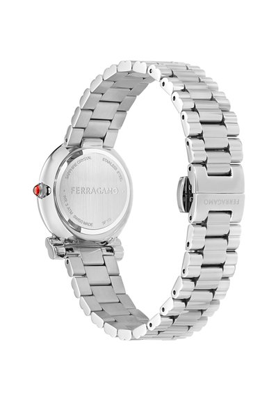 Silver stainless steel watch with a smooth round case, heart-shaped links on the bracelet, and a red accent on the crown.