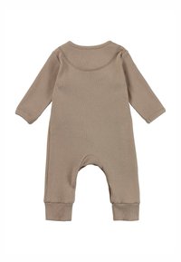 Geribbeld, beige baby jumpsuit met lange mouwen en een ronde halslijn, met aangesloten mouwen, een relaxte pasvorm en een zachte textuur.