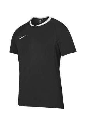 Czarna sportowa koszulka z krótkim rękawem, z białym obszyciem kołnierzyka i białym logo Nike na prawej piersi.