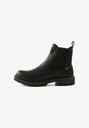 Schwarze Leder-Ankle-Boots mit elastischen Seitenpanelen und Zuglasche. Verfügt über eine strukturierte Sohle und einen kontrastierenden braunen Absatz für zusätzlichen Grip.