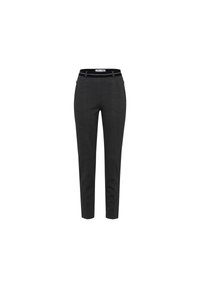 Dark gray tailored trousers with a slim fit, smooth texture, and a waistband featuring a subtle accent. No visible pockets.