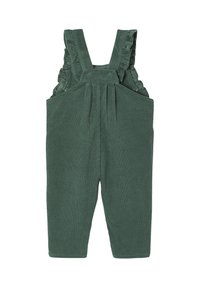 Green corduroy overalls with ruffled straps, featuring a relaxed fit and pleated front. Soft texture and wide shoulder straps for comfort.