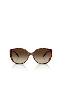 Occhiali da sole tartarugati con lenti marroni sfumate, aventi una forma a occhio di gatto e montatura spessa. Logo visibile sulla tempia.