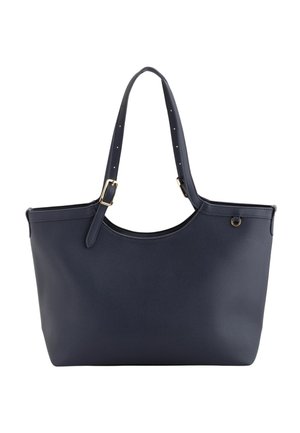 Bolso tote de cuero texturizado azul marino con correa de hombro ajustable y detalles de hebillas doradas, con un pequeño detalle de anillo metálico en el lateral.
