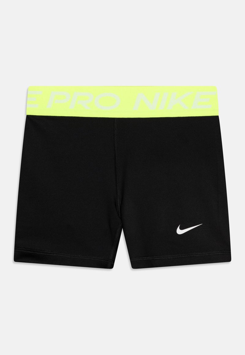 Czarne sportowe szorty z neonowożółtym paskiem w talii, na którym znajduje się napis "PRO" i "NIKE". Zawierają małe białe logo Nike w lewym dolnym rogu.