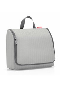 Grau Tasche mit einem Fischgrätmuster, ausgestattet mit einem Reißverschluss und einem oberen Griff. Hergestellt aus strapazierfähigem Material mit Kontrastnähten.