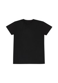 Černé tričko s krátkým rukávem a kulatým výstřihem. Vyrobeno z jemné látky; má hladký povrch a jednoduchý, klasický design.