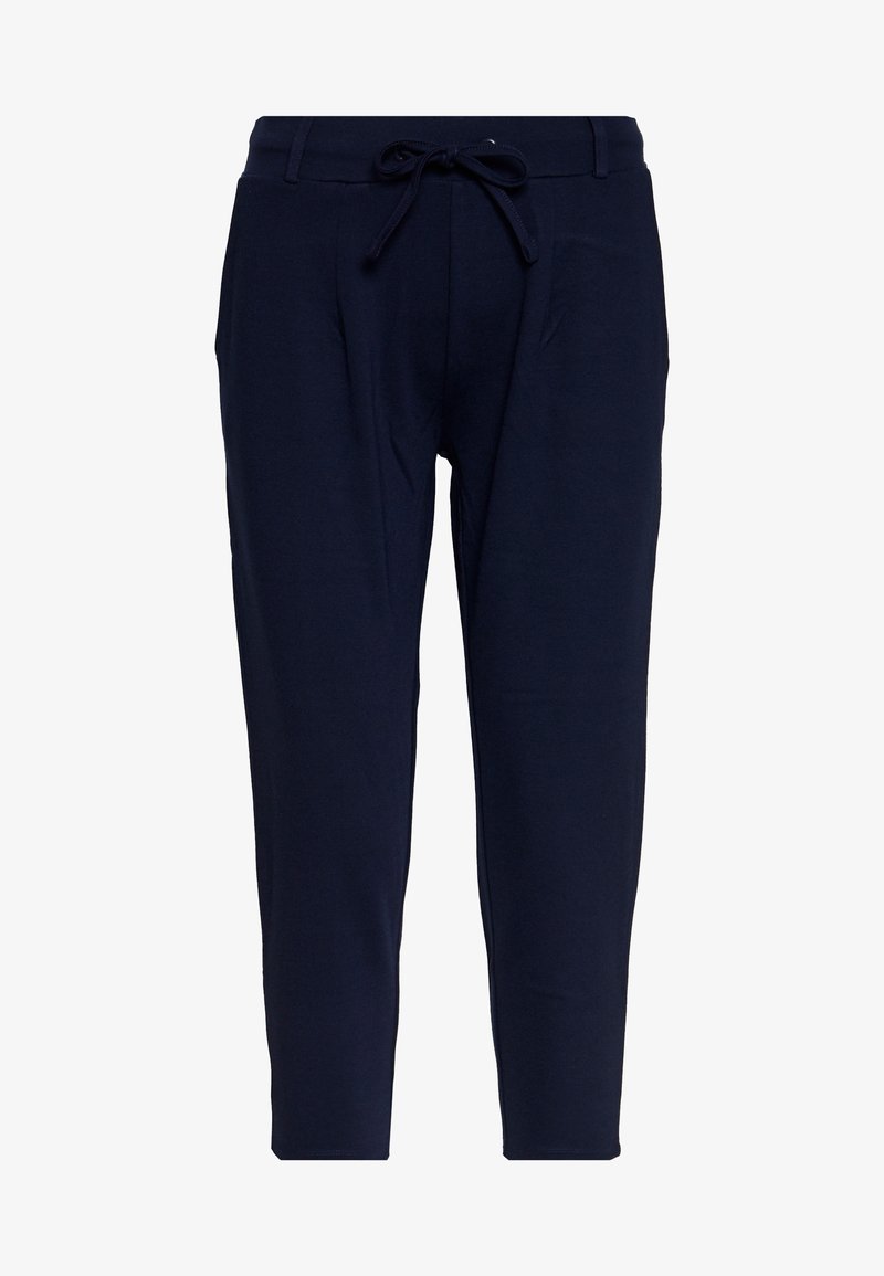 Pantalon bleu foncé fuselé avec taille élastique, cordon de serrage, passants de ceinture et poches latérales, présenté sur fond blanc.