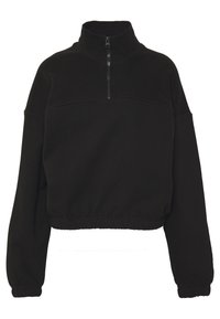 Black cropped sweatshirt with a stand-up collar and half-zip closure. Made of textured fabric with elastic cuffs and a fitted hemline.