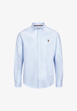 Helleblaue Langarm-Button-Down-Bluse aus einem Baumwollmix. Verfügt über einen klassischen Kragen und ein gesticktes Logo auf der Brust.