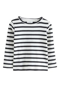 Langærmet, ribstrikket top i hvid med sorte horisontale striber. Har rund halsudskæring og lige kant.