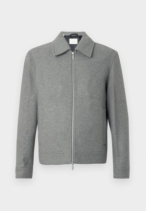 Gray long-sleeve wool jacket with front silver zipper and a classic collar, displayed on a white background.