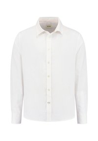Weißes Langarmshirt aus leichtem Stoff mit spitzem Kragen, durchgehender Knopfleiste und Ein-Knopf-Manschetten. Subtile Textur sichtbar.