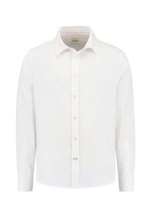 Weißes Langarmshirt aus leichtem Stoff mit spitzem Kragen, durchgehender Knopfleiste und Ein-Knopf-Manschetten. Subtile Textur sichtbar.