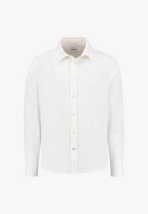 Balta garām piedurknēm krekls no viegla auduma ar norādītu apkakli, priekšējo pogu aizdari un vienas pogas aprocēm. Sīkā tekstūra ir redzama.