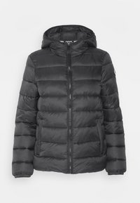 Svart puffjacka med huva, framdragkedja, två sidofickor och elastiska muddarna, visas mot en vit bakgrund.