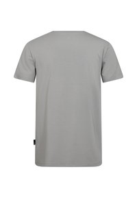 Grå kortærmet t-shirt lavet af blødt bomuld. Har en rund halsudskæring, lige kant og et lille mærke i bunden til venstre.