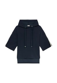 Sudadera marina de corte holgado, con mangas cortas y un bolsillo frontal. Cuenta con dos cordones y acentos a rayas blancas en las mangas.