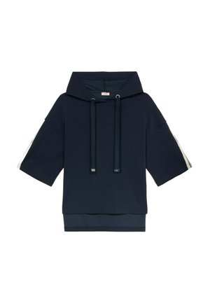 Navy Hoodie mit lockerer Passform, kurzen Ärmeln und einer frontalen Tasche. Verfügt über zwei Kordeln und weiße gestreifte Akzente an den Ärmeln.