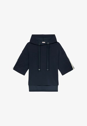 Marineblauw sweatshirt met een losse pasvorm, korte mouwen en een voorkantzak. Bevat twee trektouwen en witte gestreepte accenten op de mouwen.