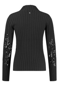 Pull noir côtelé avec un col montant, agrémenté de détails pailletés sur les manches. Confectionné en tissu tricoté texturé.