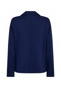 Marineblauwe blazer, gestructureerd ontwerp, gladde textuur, reverskraag, lange mouwen met knoopaccenten en een nette achternaaddetail.