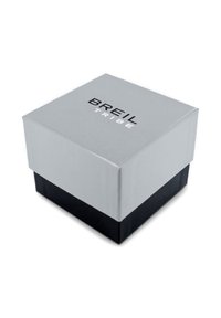 Boîte carrée grise avec une base noire, arborant le logo "BREIL TRIBE" en lettres noires en gras sur le couvercle. Texture lisse, design minimaliste.