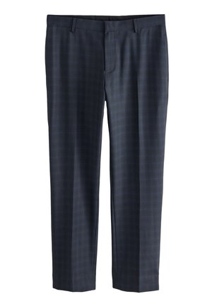 Tengerészkék kockás nadrág struktúrált anyagból, egyenes elülső résszel, függőleges zsebekkel és szabott fazonnal.