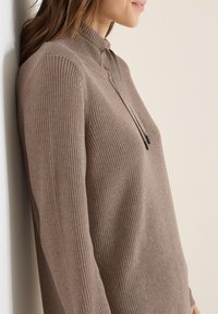 Ruskea ribbo-nuttu, jossa on korkea kaulus ja hienovaraisia nyöriyksityiskohtia. Kangas näyttää pehmeältä ja teksturoids, ja siinä on pitkät hihat.