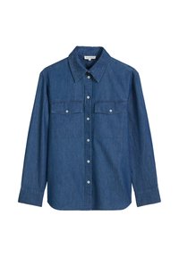 Denim shirt met een knoopsluiting kraag, twee borstzakken en een rechte snit. De stof is medium blauw met een subtiele textuur.