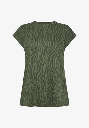 Zielona koszulka z krótkim rękawem z ciemniejszym zielonym wzorem w paski zebry i okrągłym dekoltem.