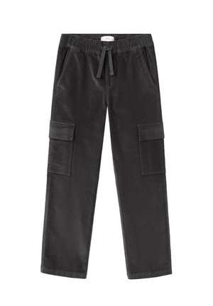 Pantalons cargo noirs avec taille élastique, cordon de serrage, poches latérales et poches à rabat sur chaque jambe.