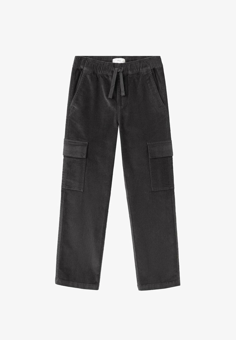Črne cargo hlače z elastičnim pasom, vrvico za prilagoditev, stranskimi žepi in pokritimi žepi na vsaki nogi.