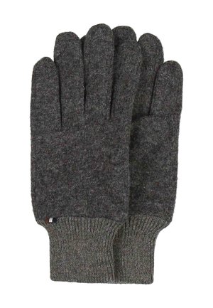 Pair of dark gray wool knit gloves with ribbed cuffs, shown flat and stacked one on top of the other.