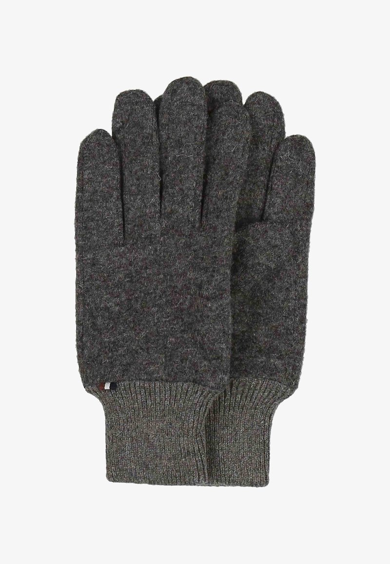 Ein Paar dunkelgraue Wollstrickhandschuhe mit gerippten Bündchen, flach gezeigt und übereinander gestapelt.