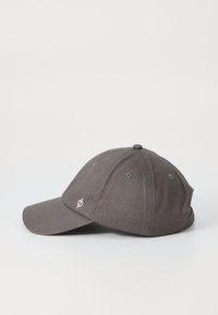 Gray fabric cap with a curved brim, featuring embroidered logo on side and ventilation holes. Smooth texture, structured design.