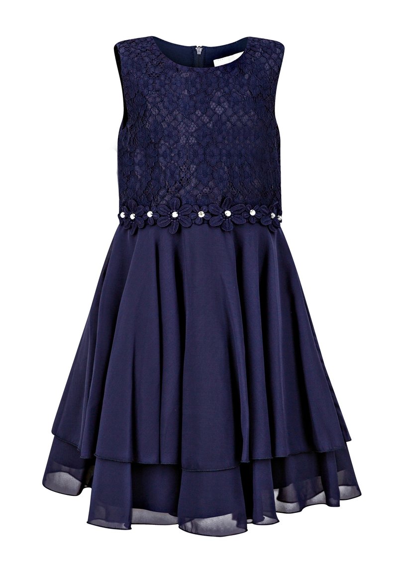 Marinblå klänning med spetsoverdel, ärmlös design, blommösterdekoration i midjan och en utsvängd, lager-på-lager kjol. Dragkedjestängning bak.