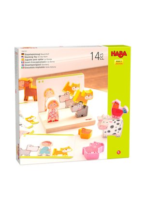 Wooden stacking toy set with farm animals and farmer figures, including a cow, pig, dog, cat, horse, and bird, on a play base.
