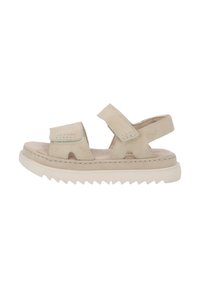 Beige lädersandal med två justerbara remmar, öppen tå och notched sula för bättre grepp. Mjuk innervaddering för komfort.