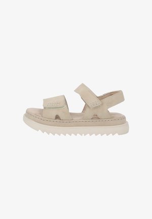 Sandale en cuir beige avec deux brides ajustables, bout ouvert et semelle crantée pour une meilleure adhérence. Doublure intérieure douce pour plus de confort.