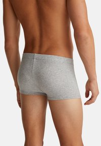 Šedé bavlněné boxerky s hladkou strukturou, s pasem a přiléhavým střihem, zobrazené zezadu na holém trupu.