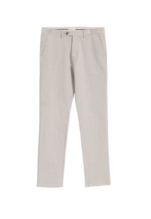 Chinos gris claro de algodón, con un diseño de pierna recta, bolsillos laterales, pasadores para cinturón y un cierre de botón único.