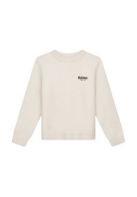 Creme brei trui met lange mouwen, ronde hals, geribde zoom en manchetten. Bevat een klein zwart logo op de borst.