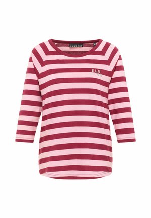 Red and pink striped long-sleeve top with a round neckline, featuring a logo on the chest and a relaxed fit. Made from soft fabric.