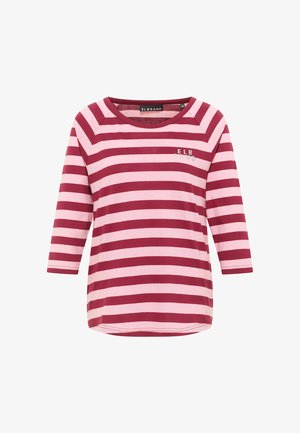 Gestreiftes Longsleeve-Oberteil in Rot und Rosa mit Rundhalsausschnitt, das ein Logo auf der Brust und einen lockeren Schnitt aufweist. Aus weichem Stoff gefertigt.