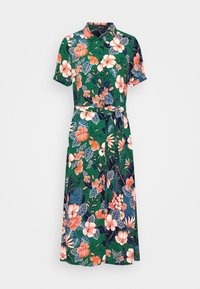 Sukienka z krótkim rękawem zapinana na guziki w kolorze zielonym z kwiatowym wzorem, z różowymi i niebieskimi kwiatami, zawiera dopasowany pasek pozwalający na regulację rozmiaru.